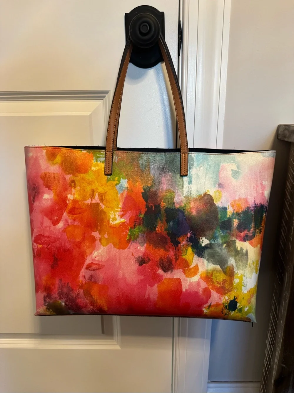 Tory Burch Painterly Multi-Color Floral Tote with Tan Handles